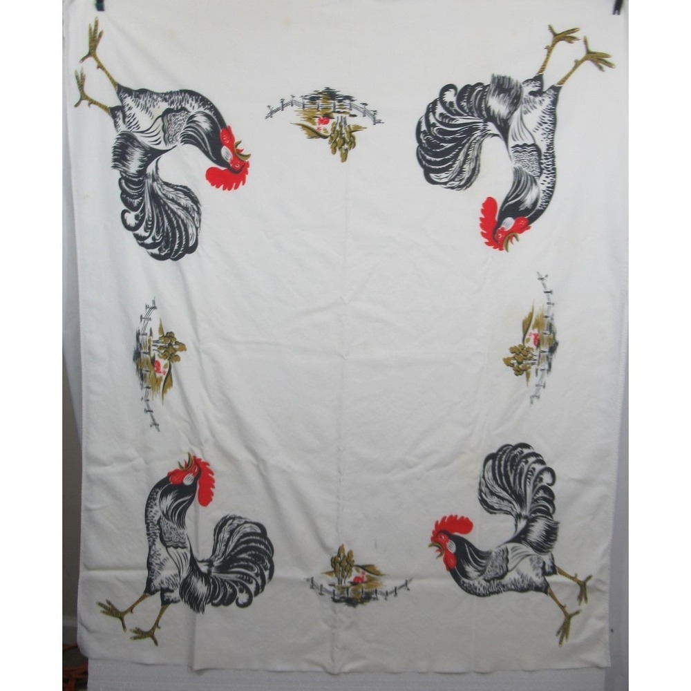 Vintage 40s 50s California Hand Prints Rooster Cotton Tablecloth Rectangle 42x51